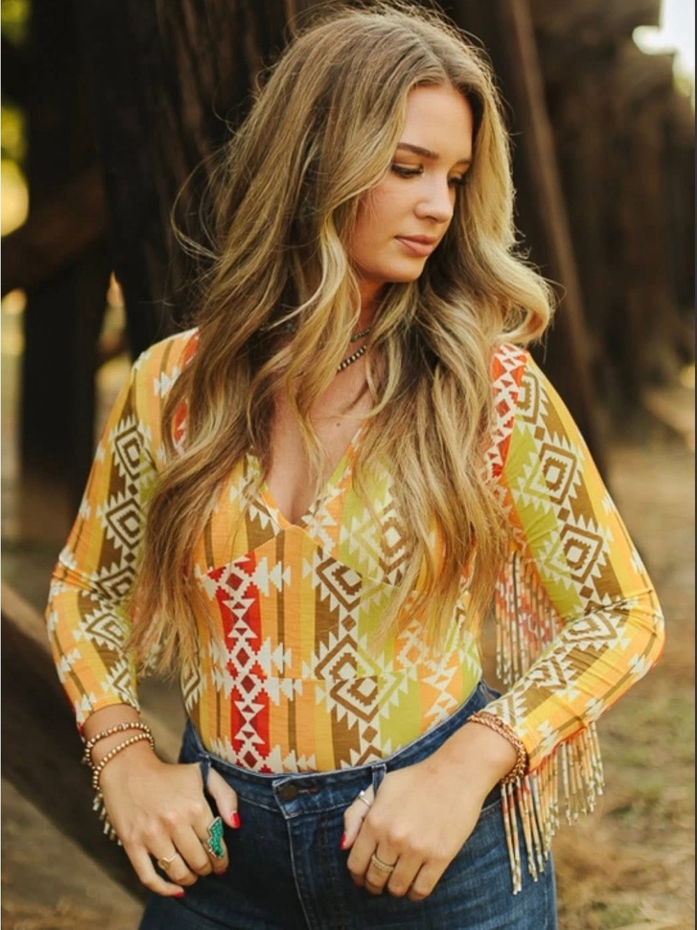 Lucky & Blessed Yellow Orange Aztec Fringe V-Neck Bodysuit